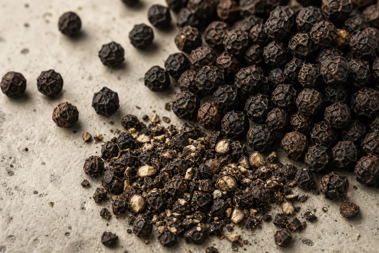 Black peppercorns and a crushed kernel on ivory stone
