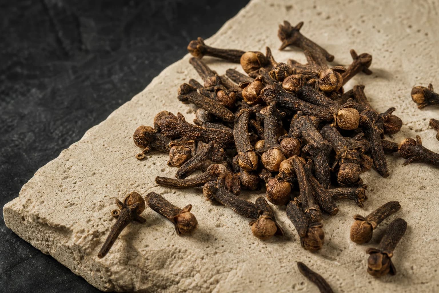 Dried clove buds with rounded heads and slender stems