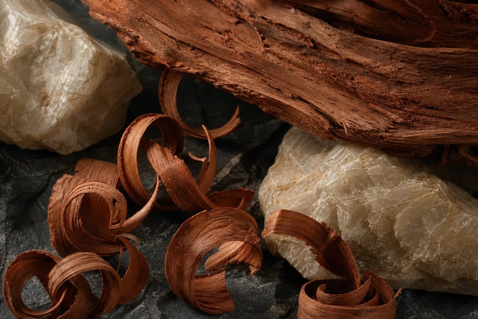 Reddish cedarwood curls and textured grain on ivory stone