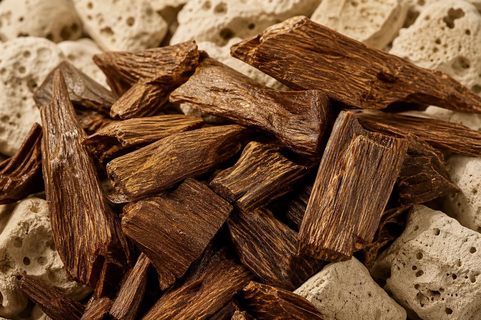 Olive-brown guaiac wood pieces with dense grain