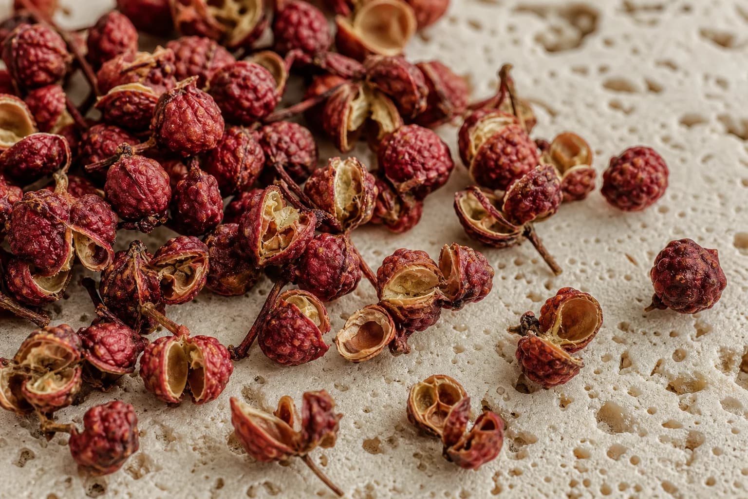 Reddish open Sichuan pepper husks in warm side light