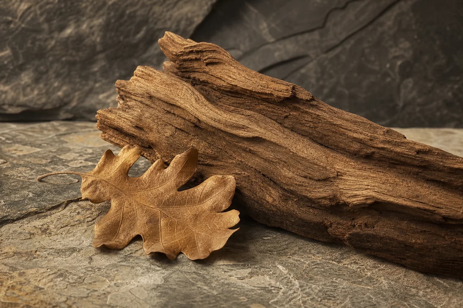Oak wood grain and a dry oak leaf