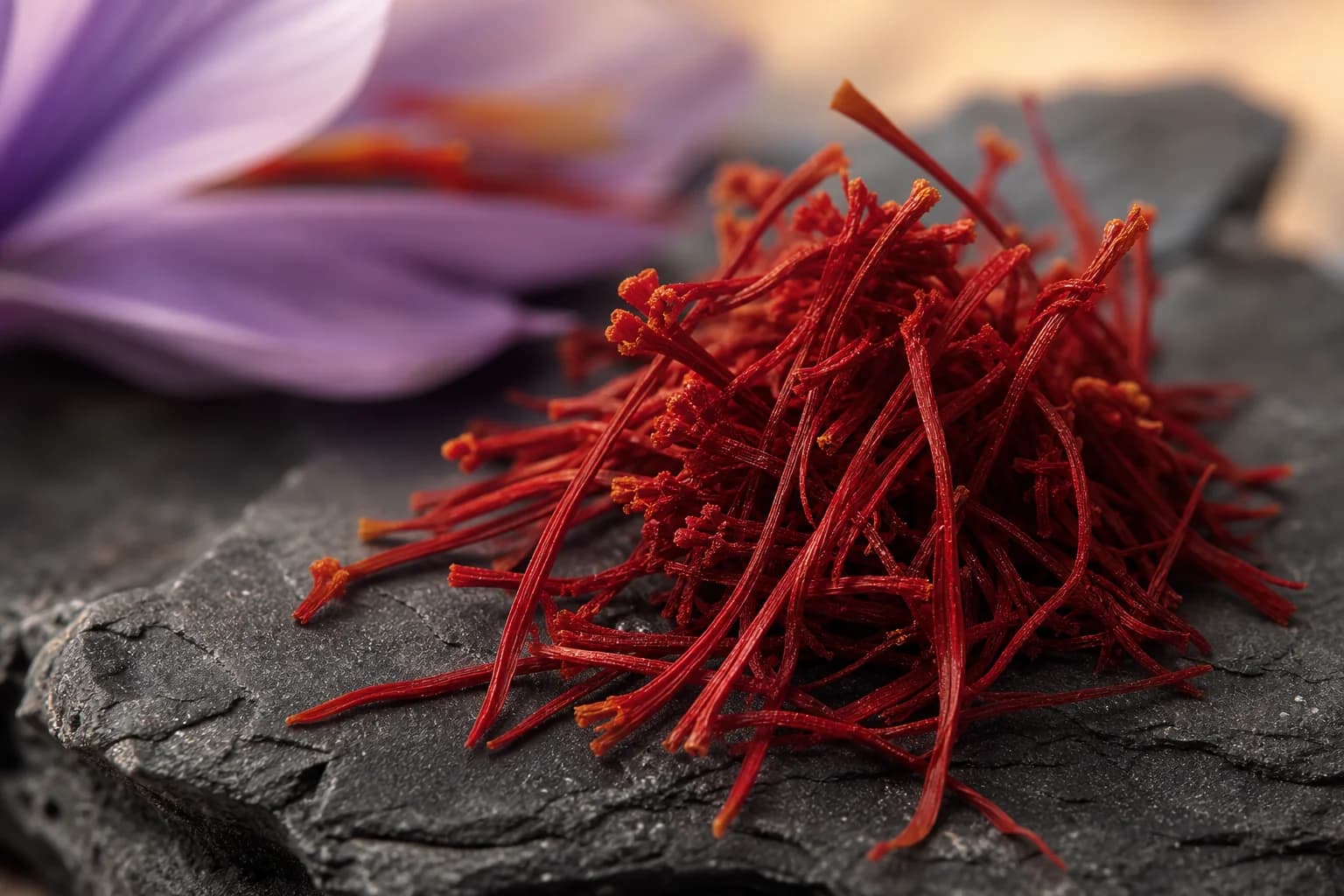 Deep red saffron threads against charcoal stone
