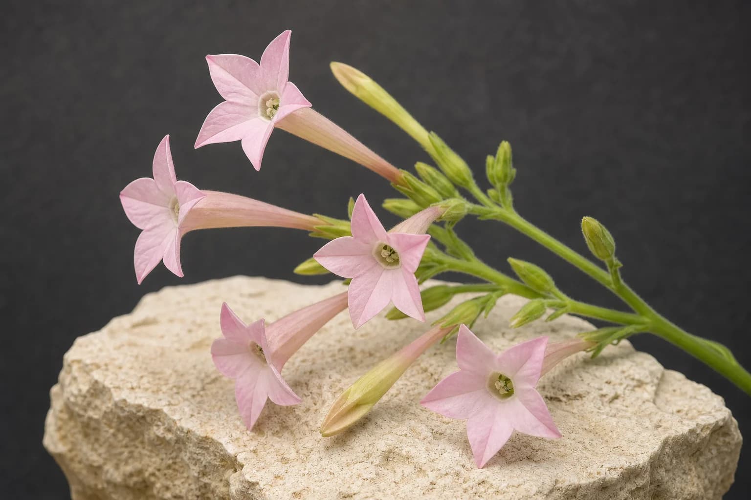 Pale pink tubular tobacco flowers on a green stem