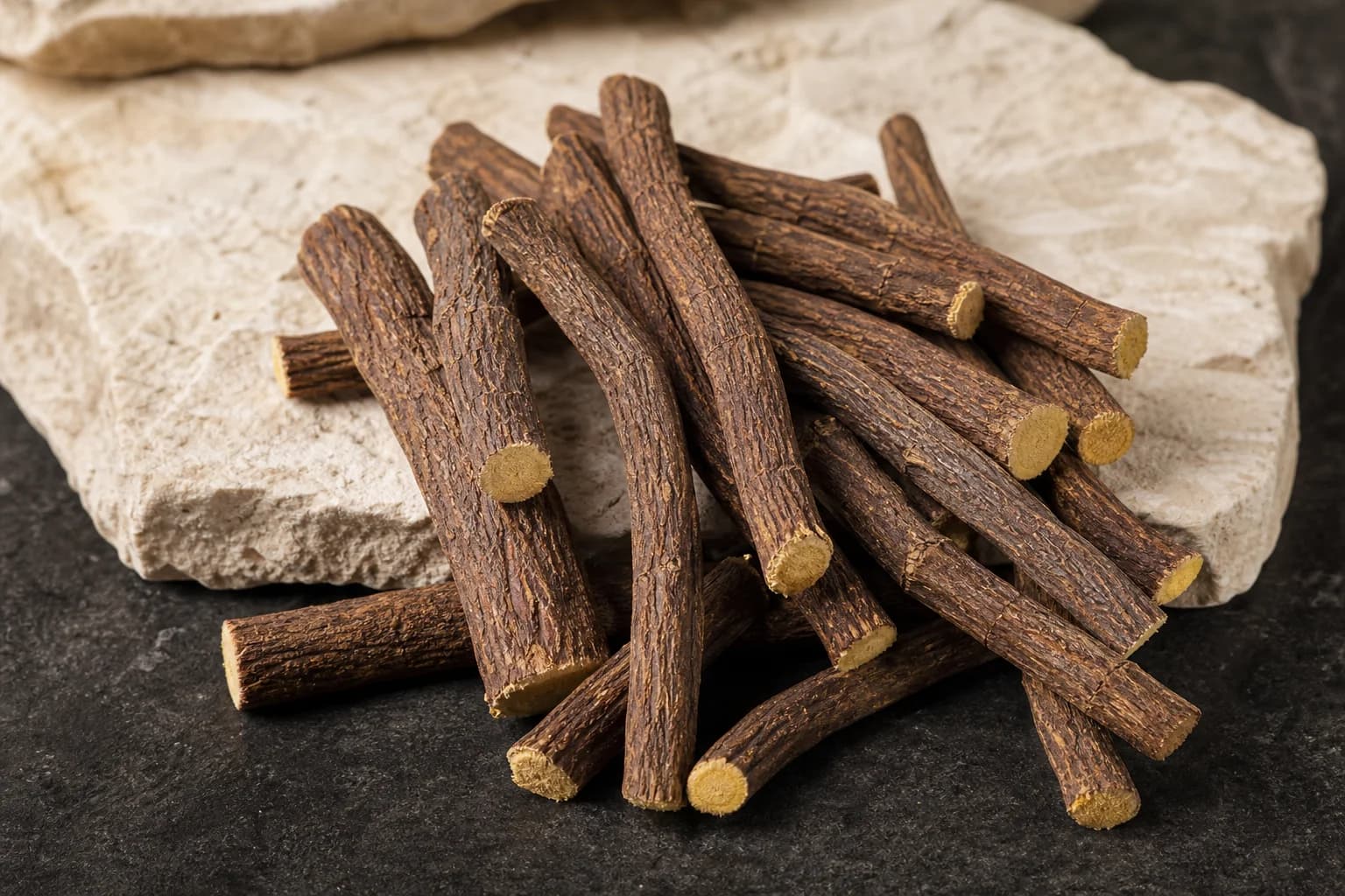 Liquorice root sticks with golden cut ends
