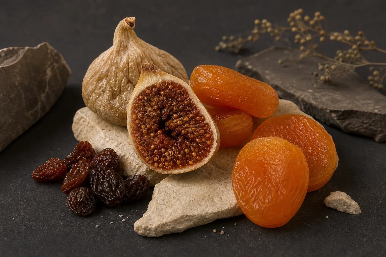 Dried fig, raisin and apricot illustrating a broad dried-fruit accord