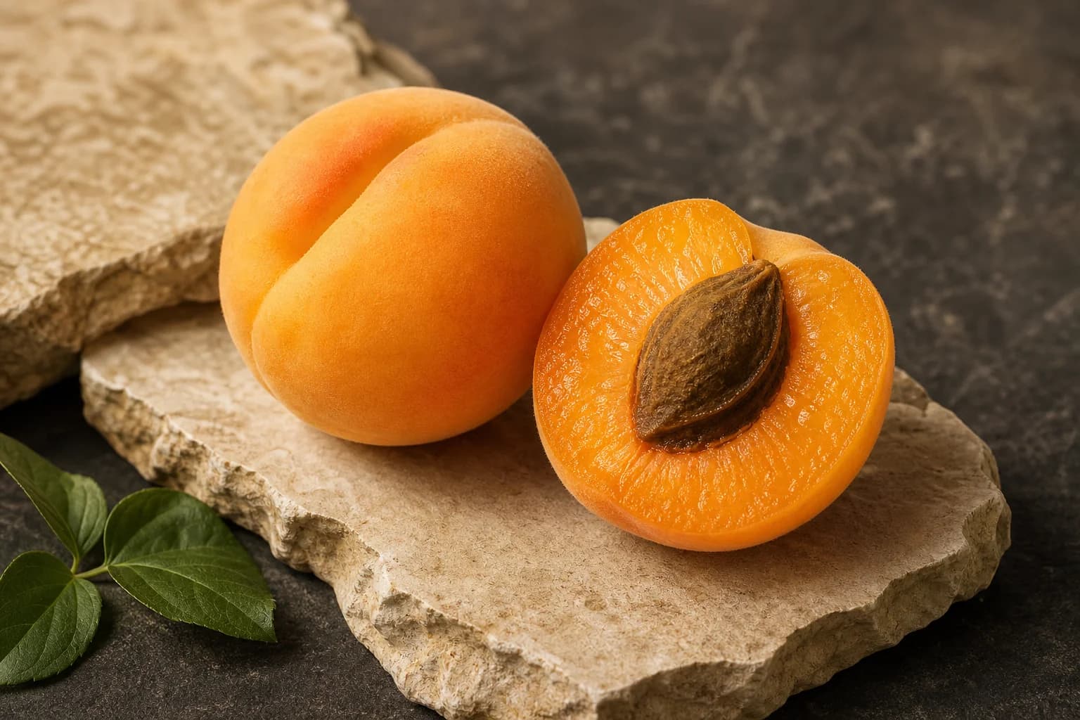 Golden apricot with a cut half and brown stone