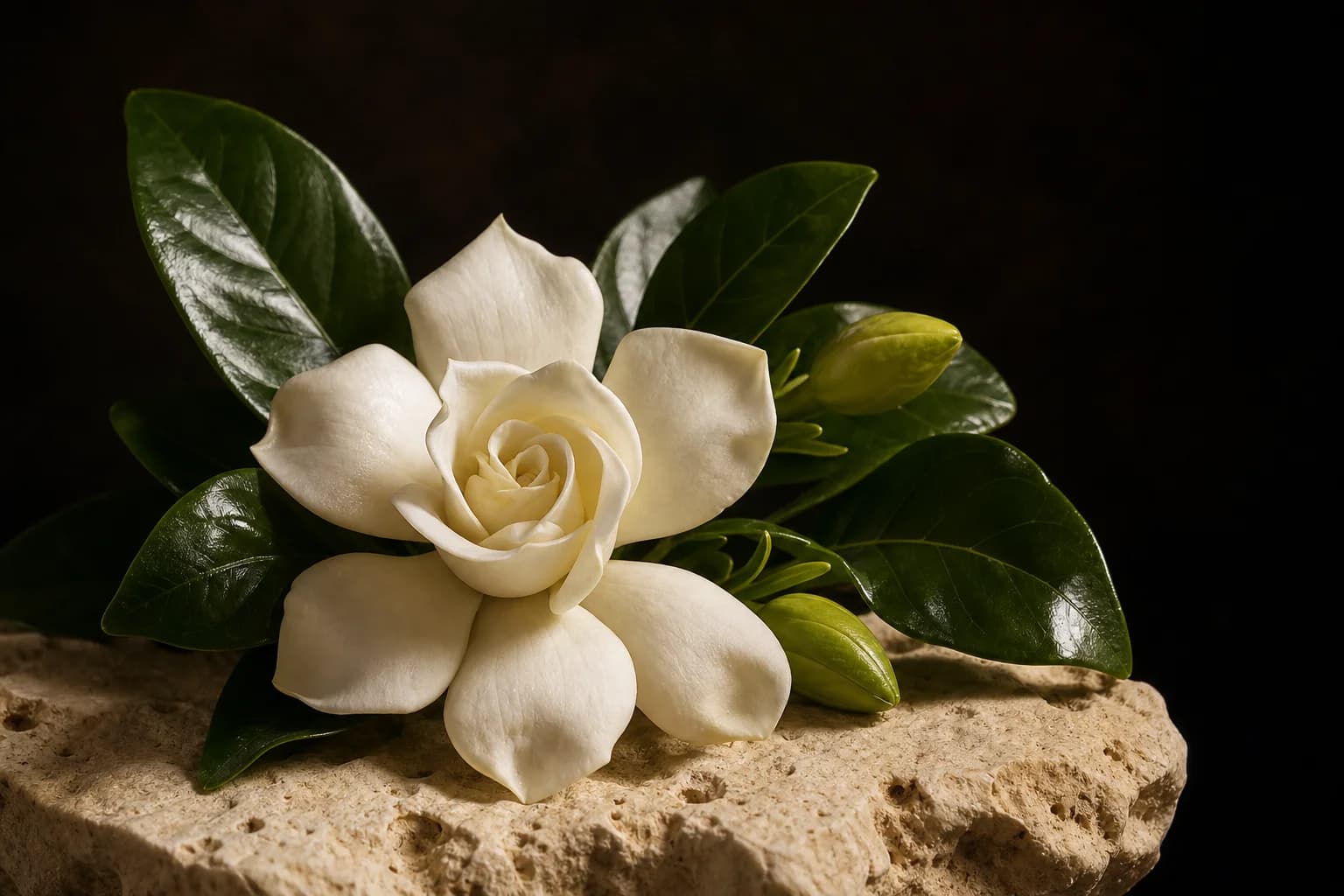 White gardenia bloom and glossy leaves on ivory stone