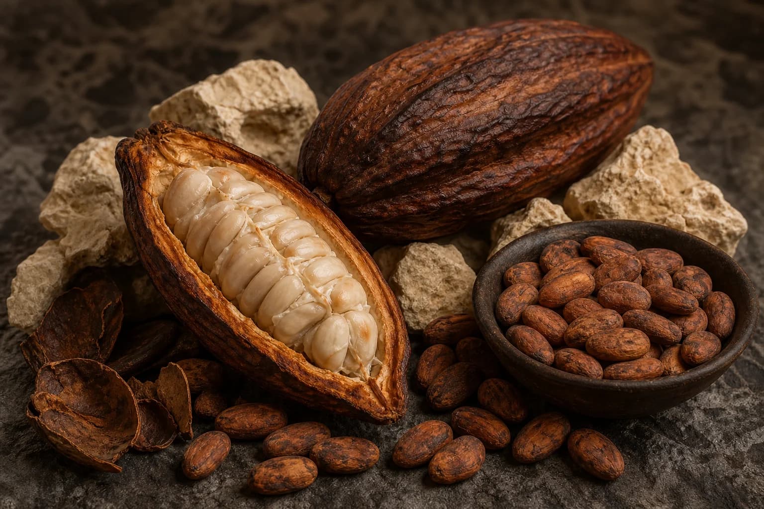 Open cacao pod and textured cacao beans