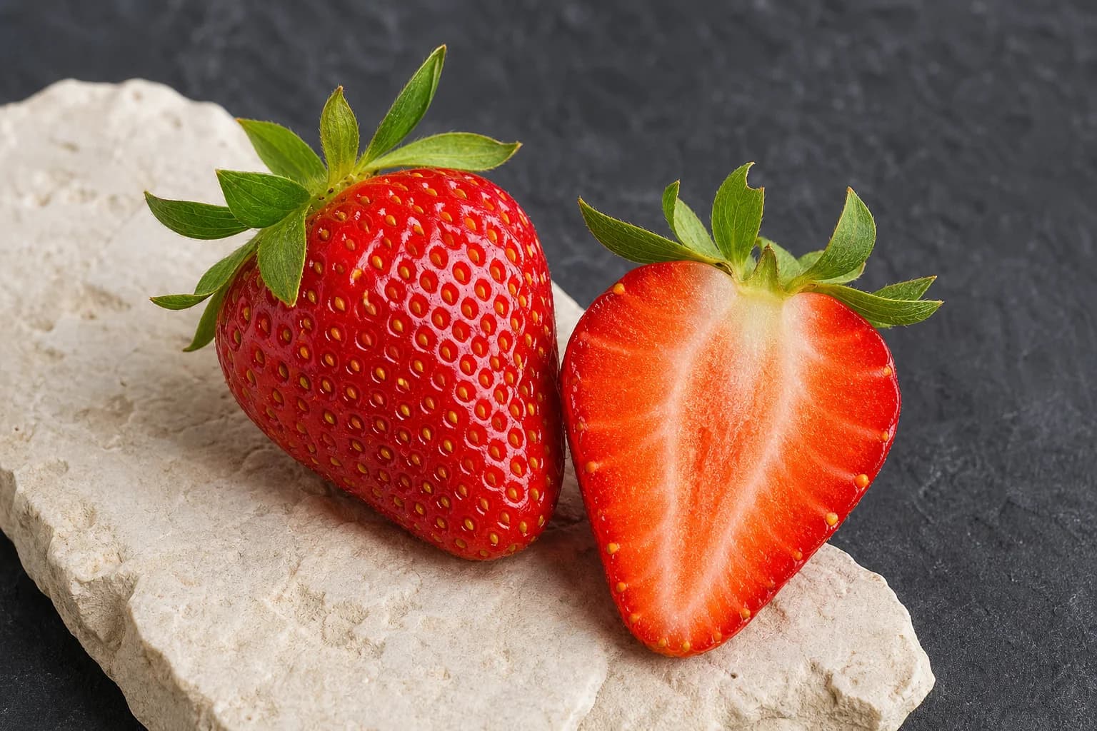 Ripe strawberries and a cut half with tiny golden seeds