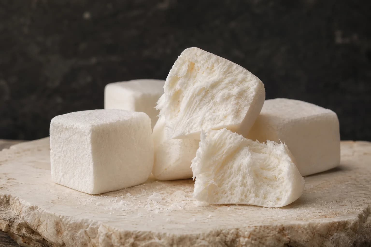 Soft white marshmallows with a torn fluffy interior