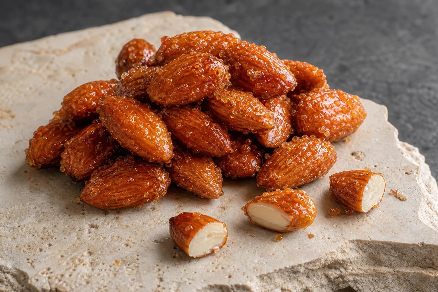 Sugar-glazed almonds with one cut kernel on ivory stone