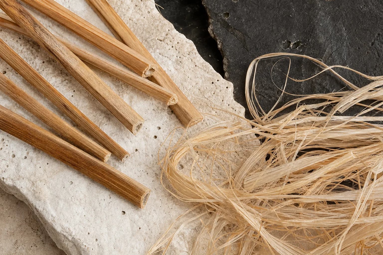 Papyrus stalks and dry fibres on ivory limestone