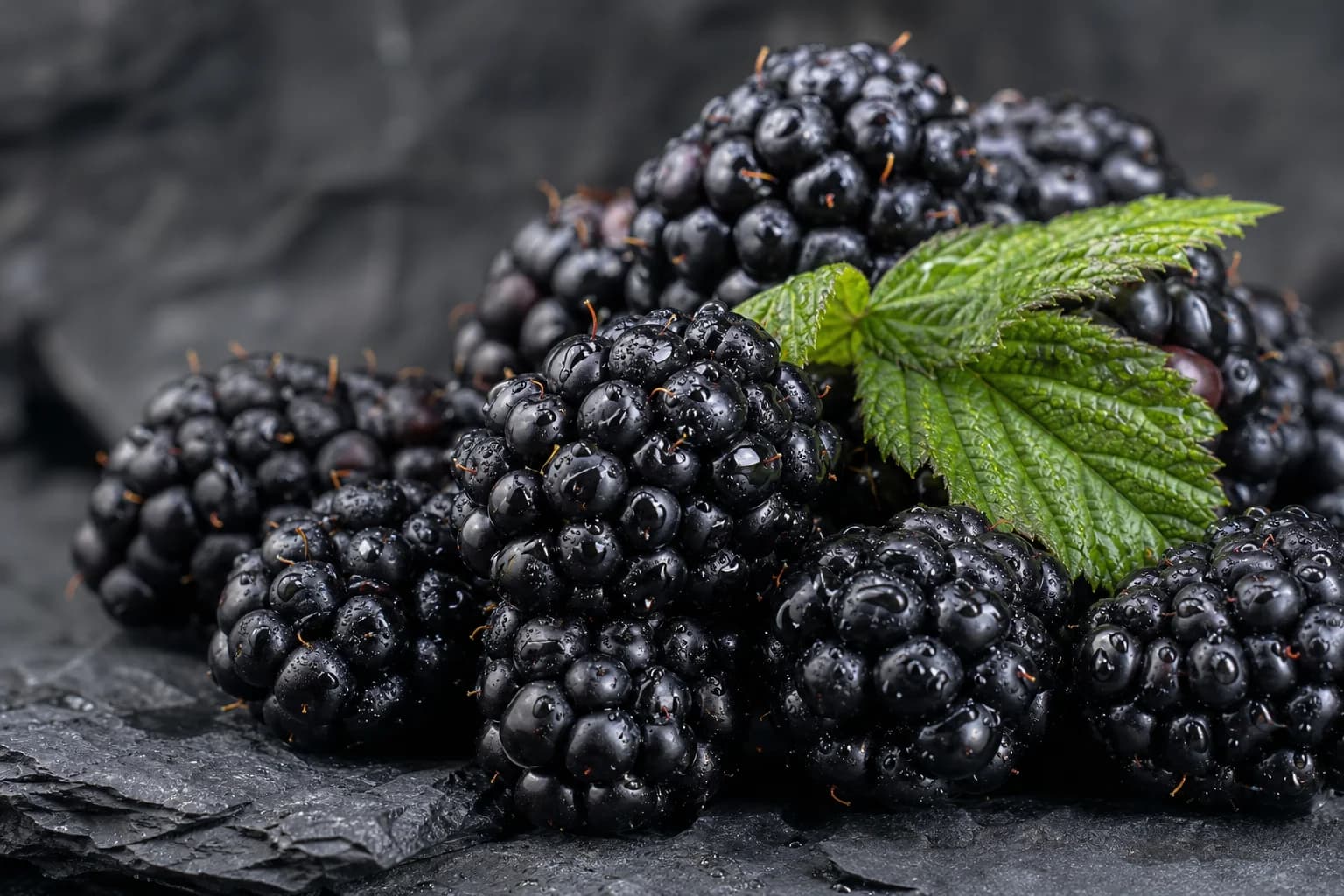 Dark blackberries with dew in cinematic side light
