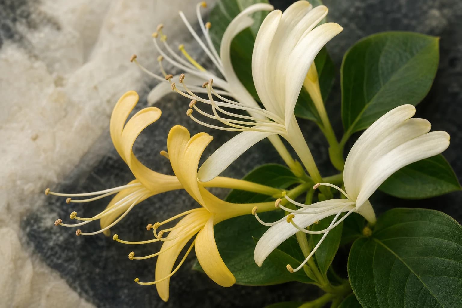 Cream and yellow honeysuckle flowers with fine stamens