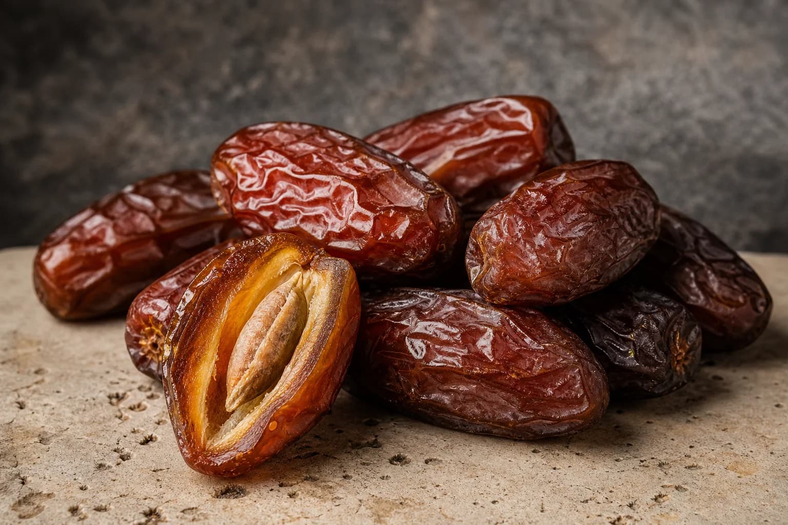 Rich brown dates with a split fruit revealing its pit