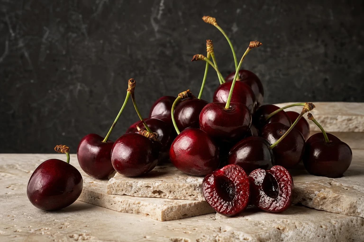 Dark burgundy cherries with stems and a cut half