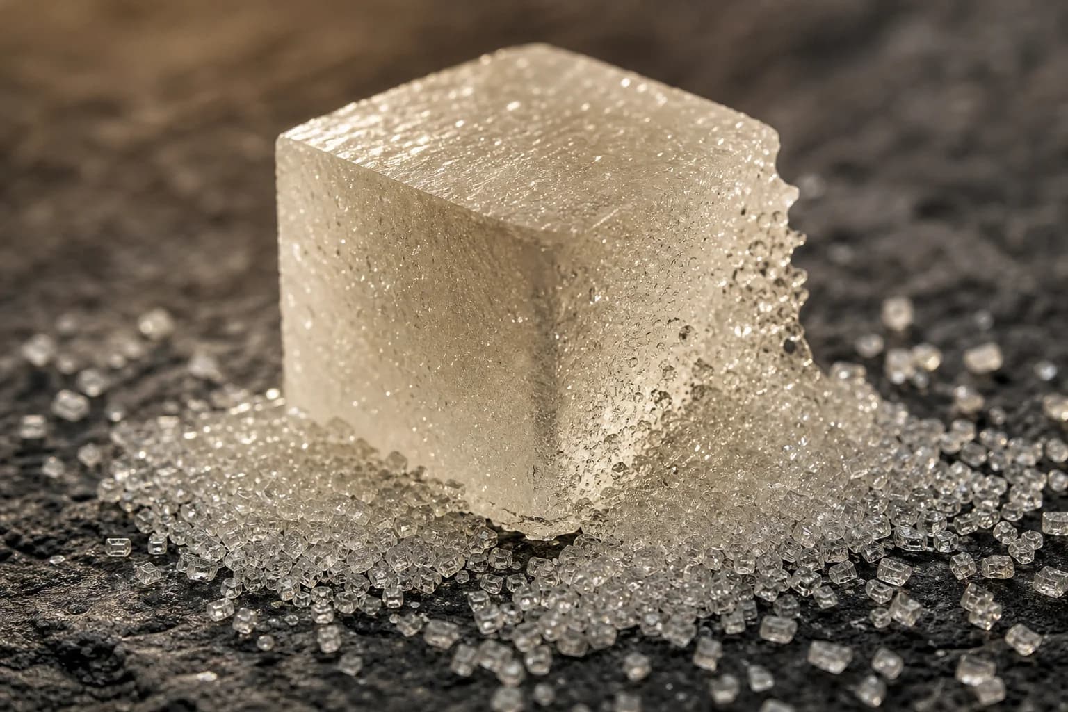 White sugar crystals catching warm light