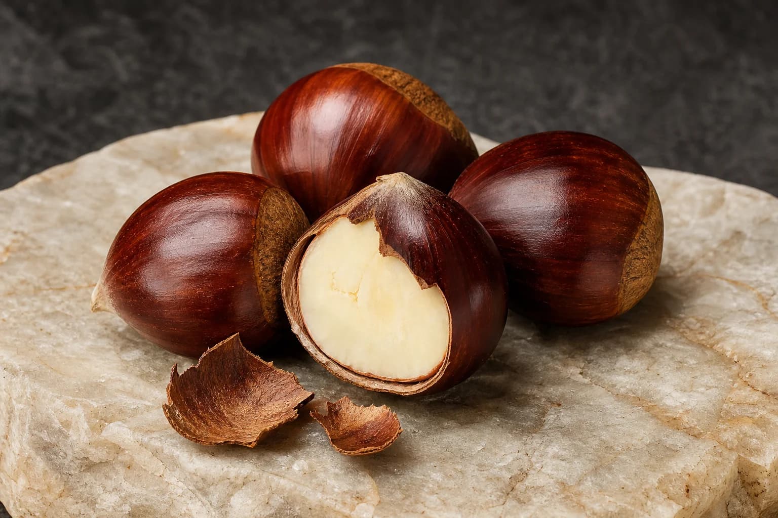 Glossy chestnuts with one cut to reveal pale flesh