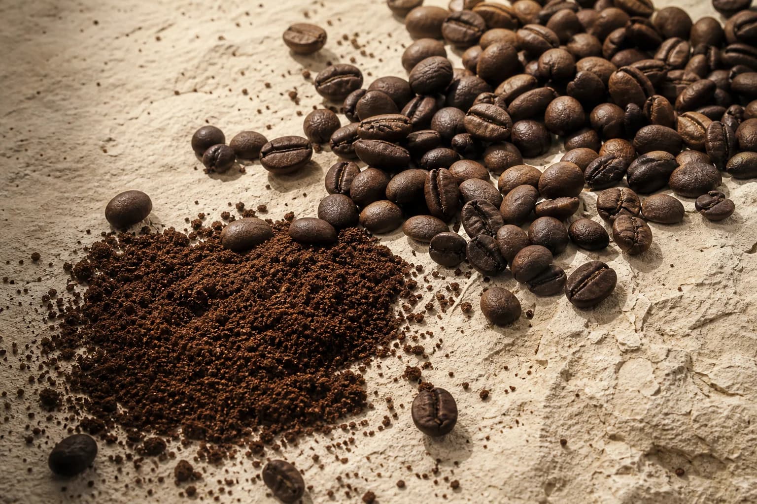 Dark roasted coffee beans and fine grounds on ivory stone