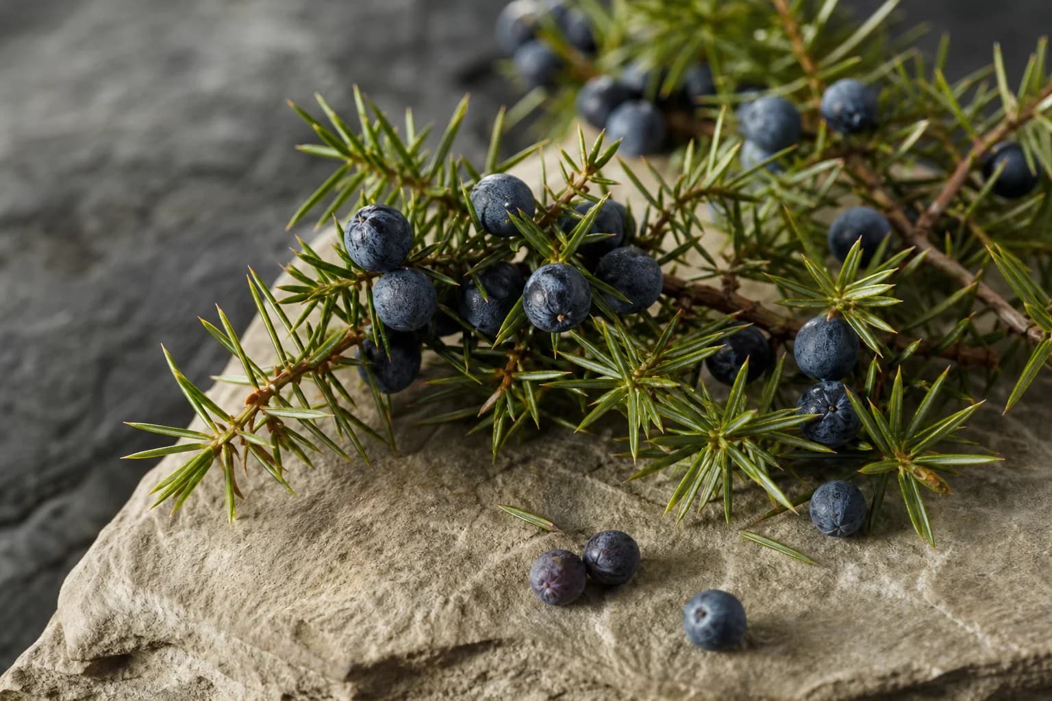 Blue-black juniper berries and evergreen needles