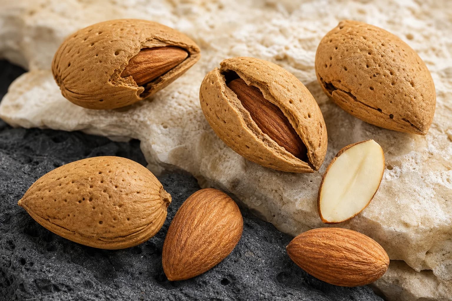 Raw almonds with a cracked shell and cut kernel
