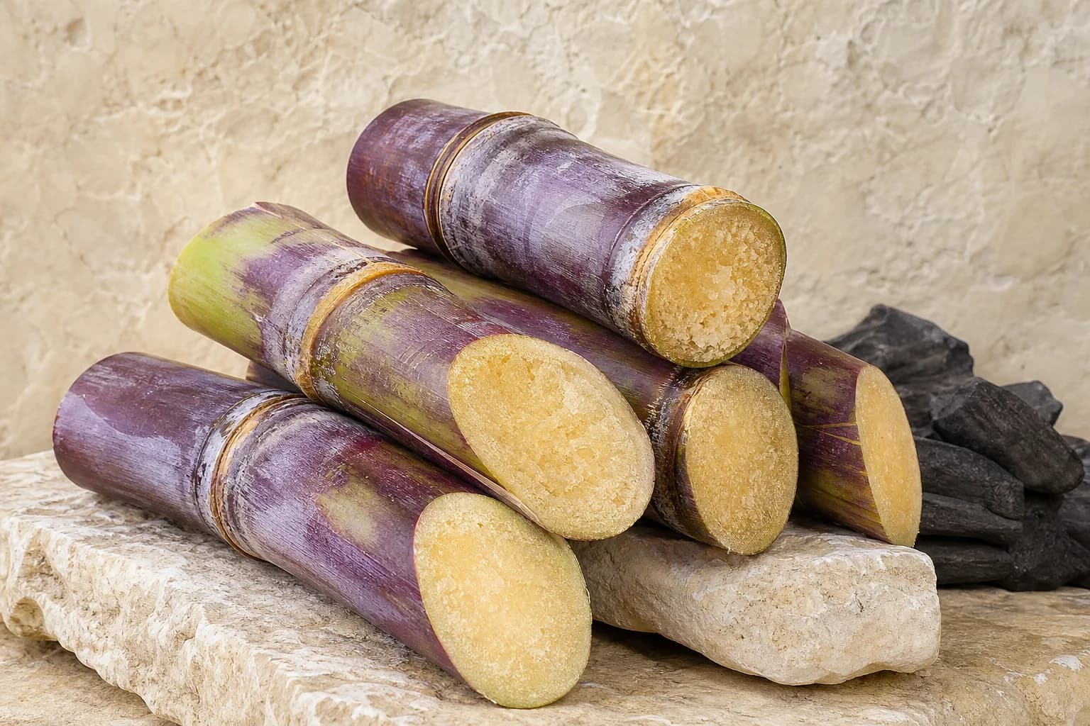 Sugar cane sections showing fibrous pale cuts