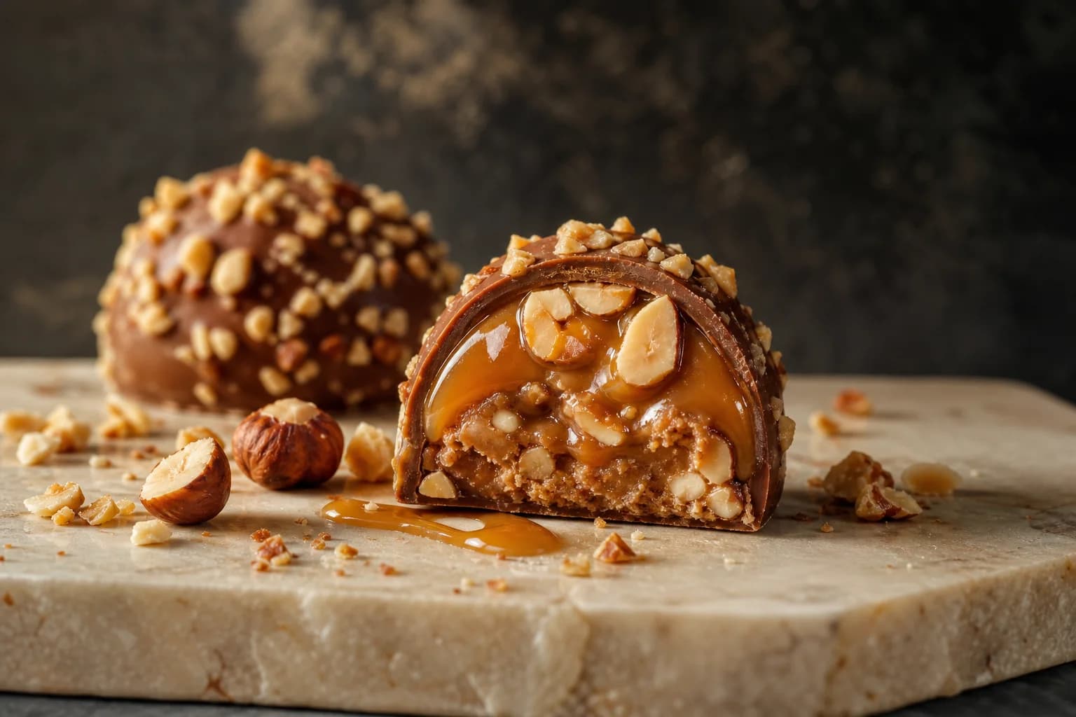 Broken hazelnut praline revealing caramel and crushed nuts