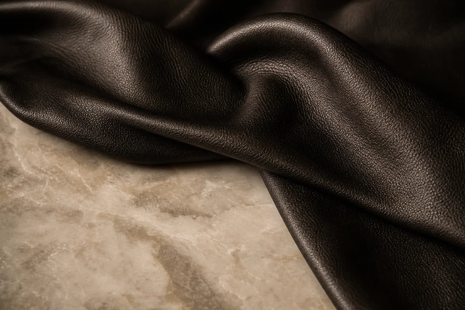 Deep brown material folds illustrating the texture of a leather accord