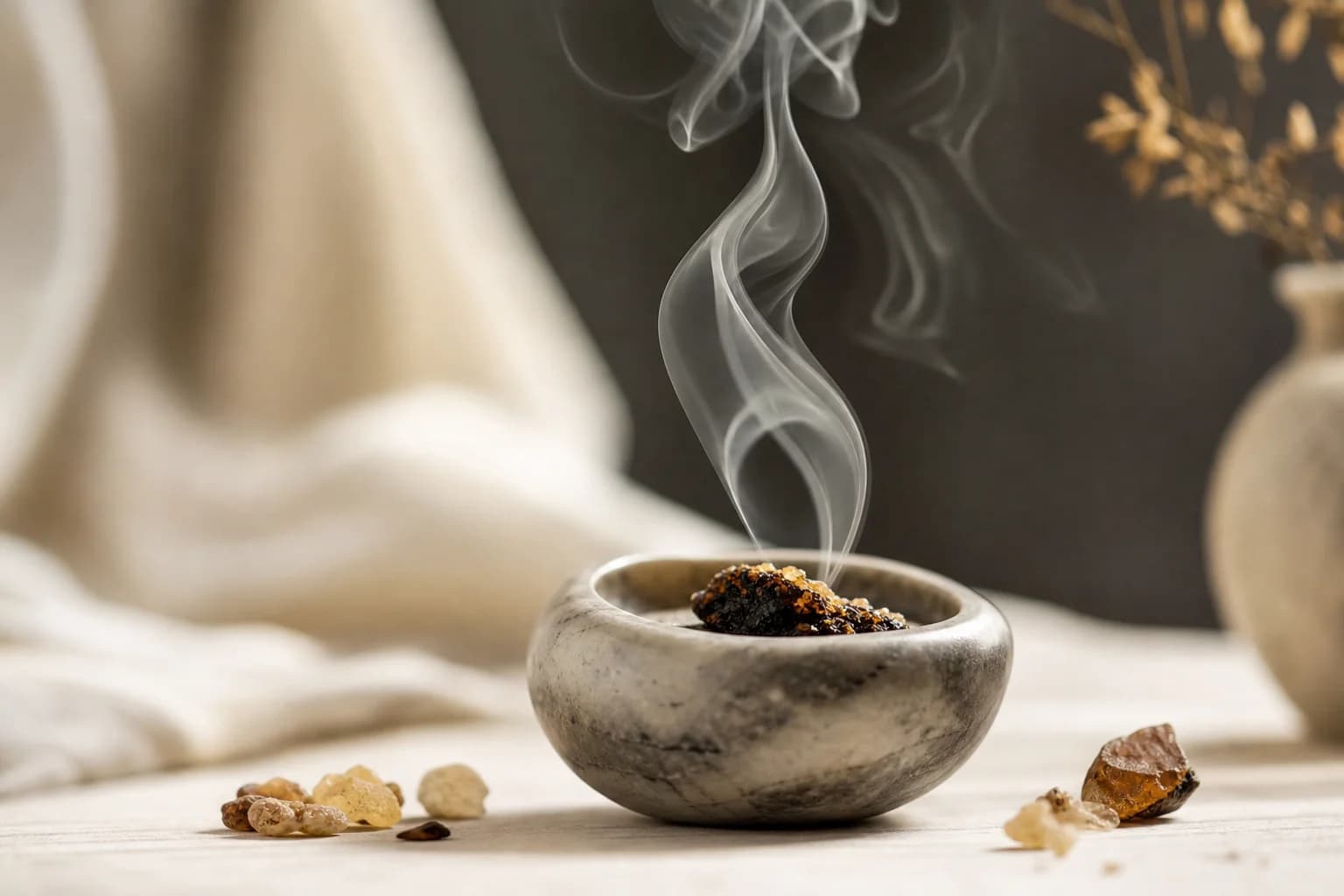 Resin fragments with a fine smoke curl, an incense accord interpretation