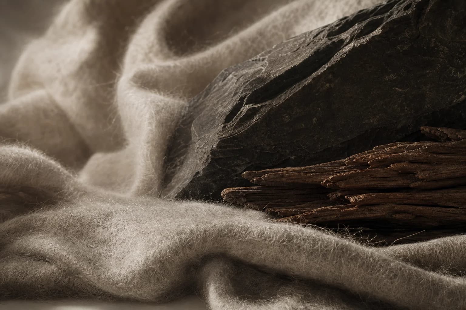 Warm grey fibres and mineral forms, an abstract Cashmeran portrait