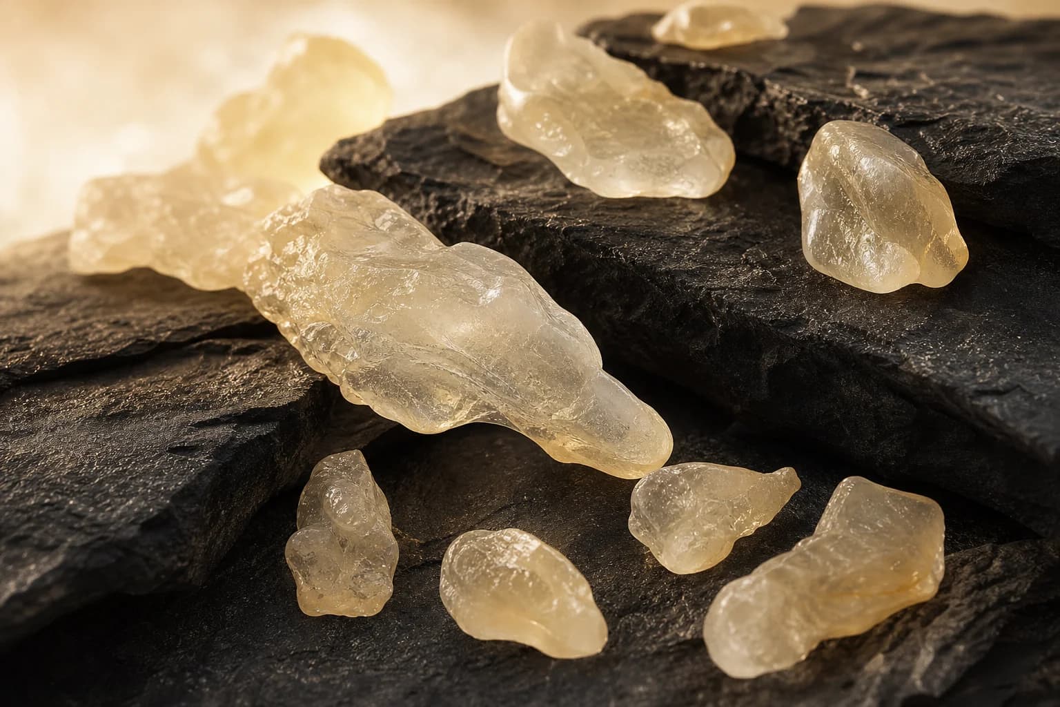 Pale translucent elemi resin in macro detail