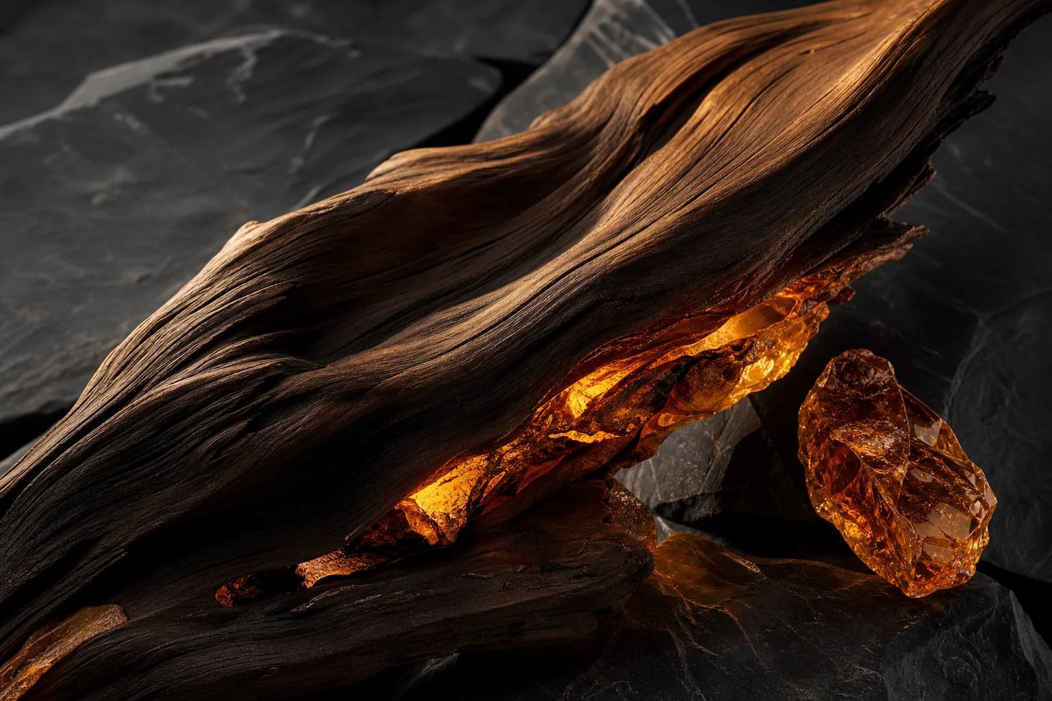 Amber light across sculptural timber grain, an amberwood interpretation