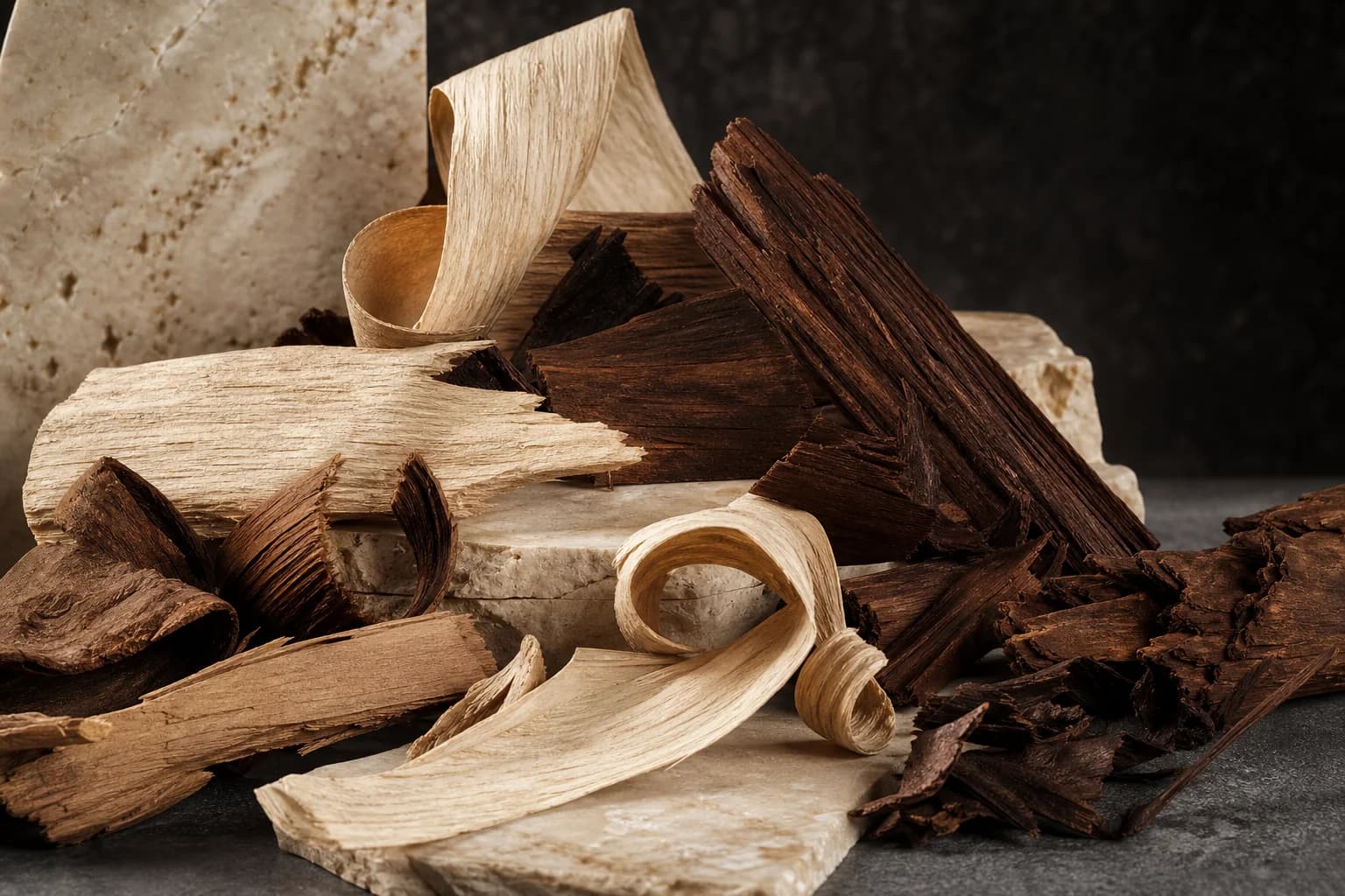 Pale and dark wood shavings illustrating a broad woody accord