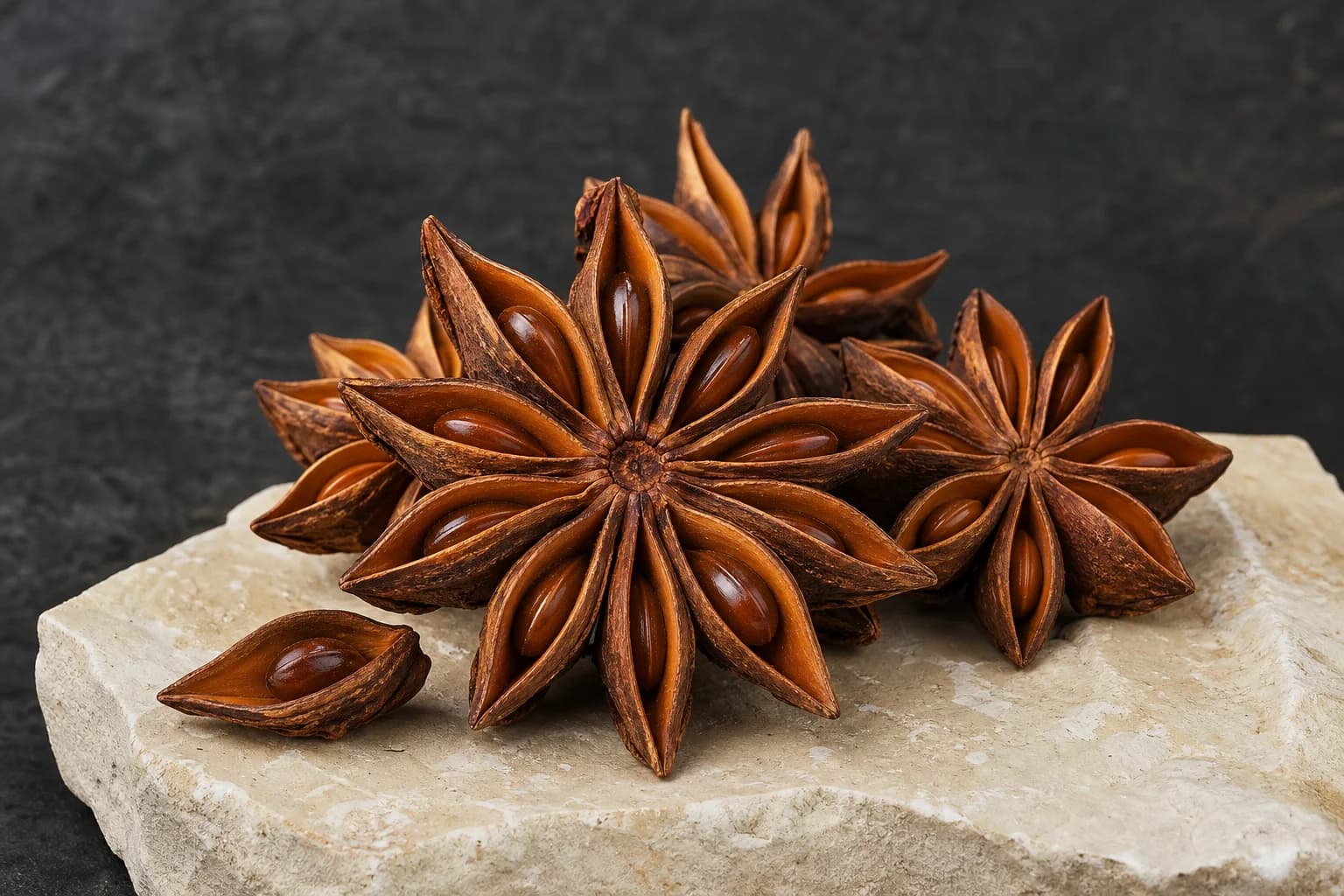 Star anise pods with glossy seeds in pointed chambers