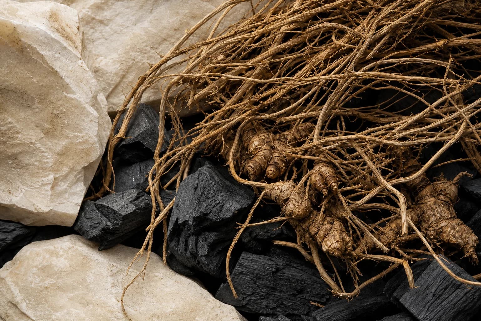 Dry tangled cypriol roots and small rhizomes