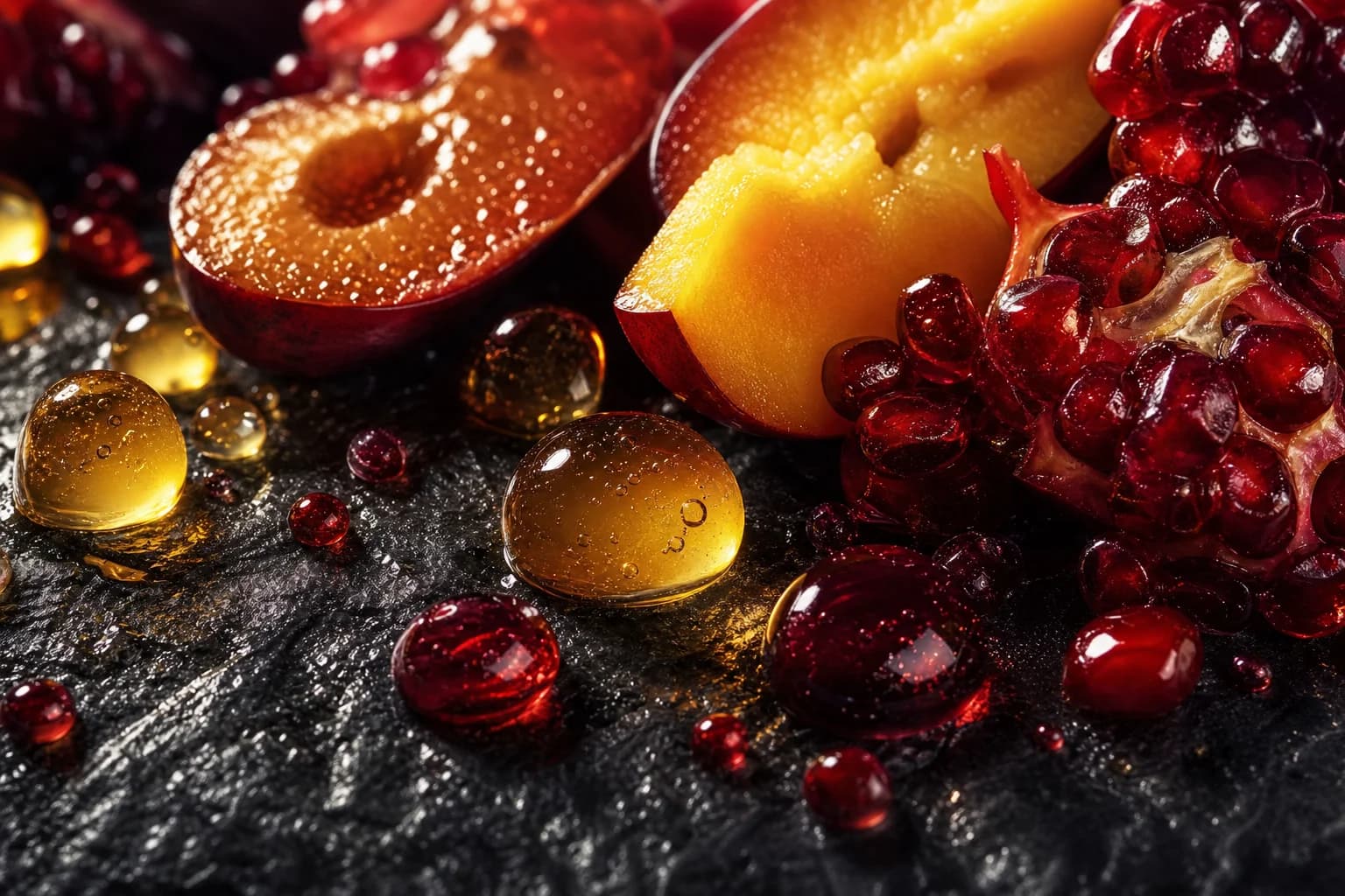 Ripe fruit textures and juice droplets illustrating a fruity accord