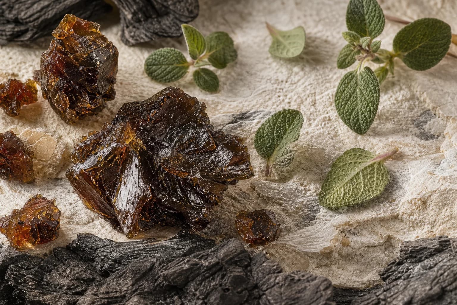 Dark labdanum resin with cistus leaves on ivory stone