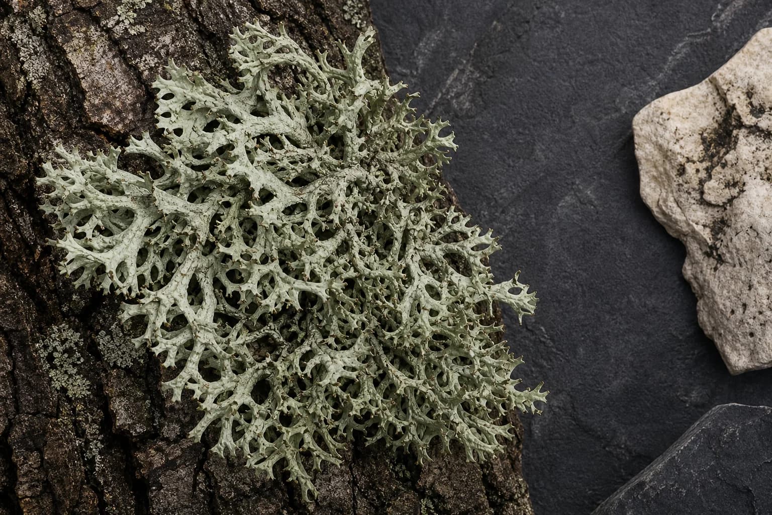Grey-green branching oakmoss lichen on bark