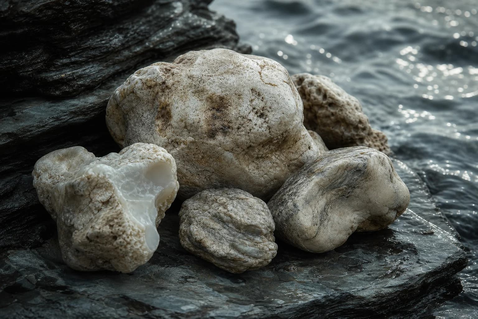 Weathered mineral forms and sea light, an abstract ambergris accord portrait