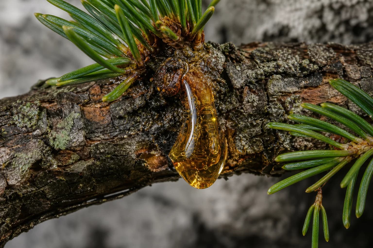 Fir resin on evergreen bark with short needles