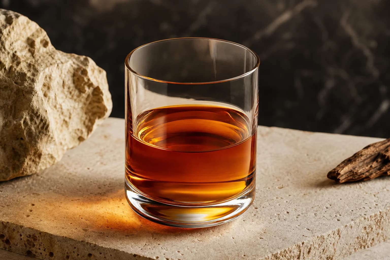 Amber rum in an unbranded glass on ivory stone