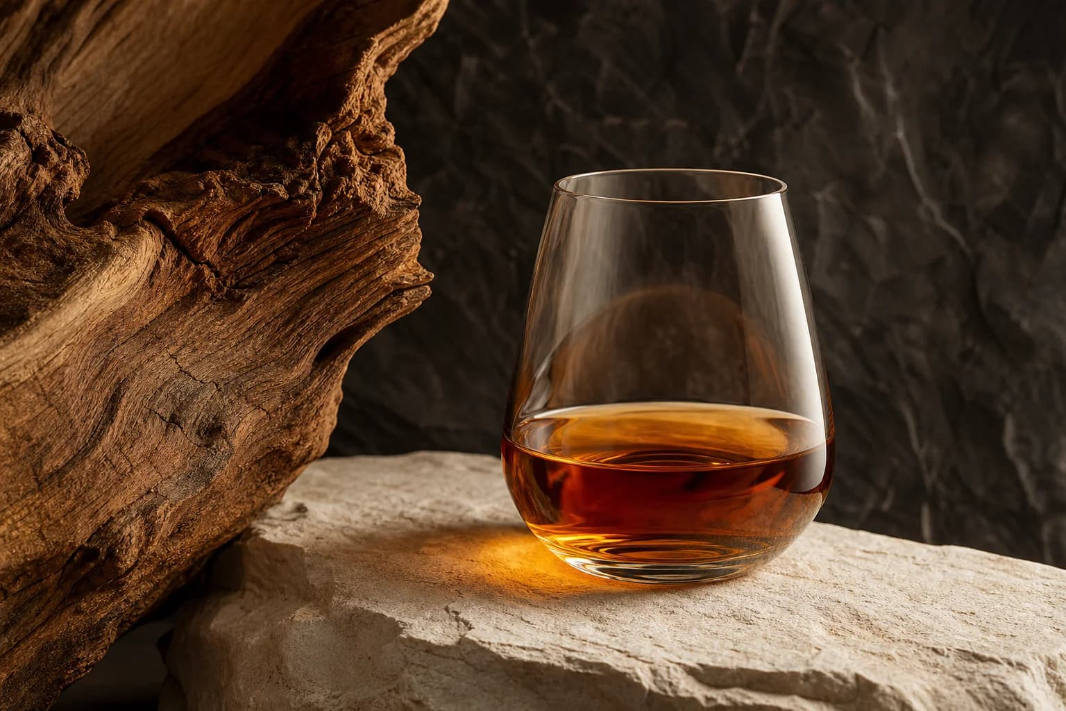 Warm cognac reflections in a rounded glass beside oak grain
