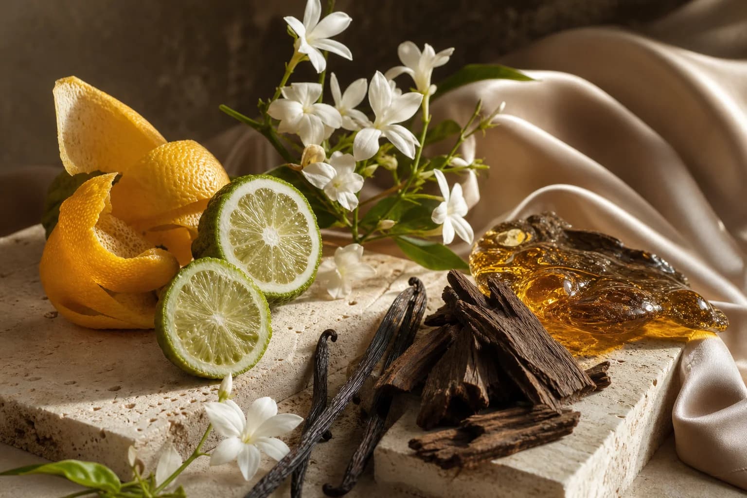 Vanilla, citrus, jasmine and sculptural woods arranged on ivory stone in warm editorial light