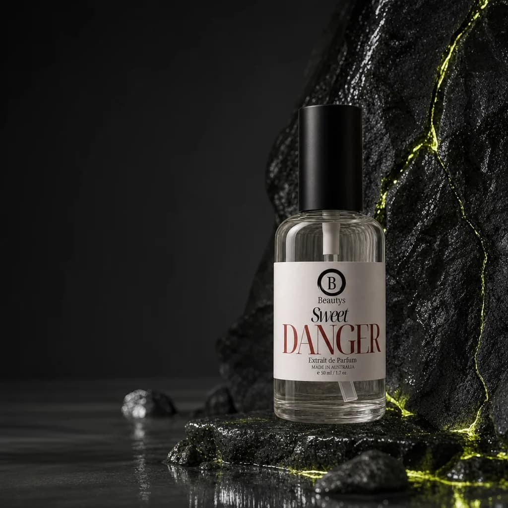 Beautys Sweet Danger Extrait de Parfum amid wet black rock, lime-lit seams and reflections