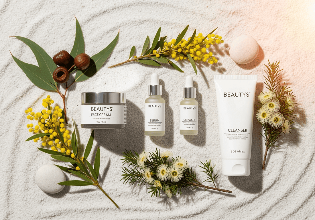 Australian-made skincare products including face cream, serum, and cleanser surrounded by natural elements.
