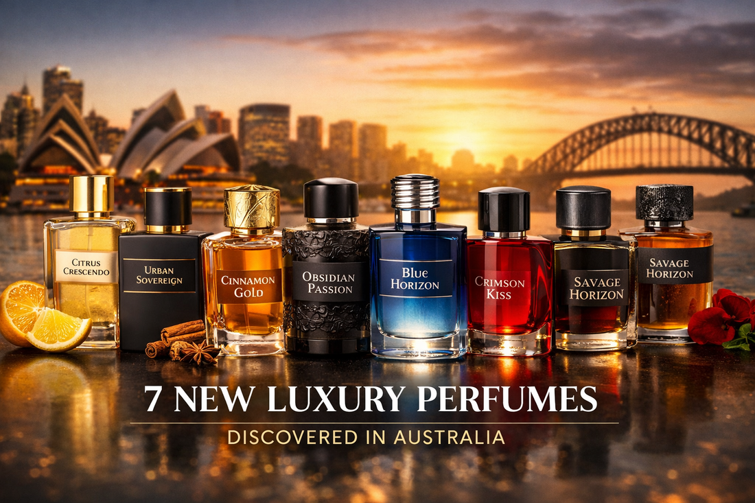 Seven luxury perfumes by Beautys Australia including Citrus Crescendo, Urban Sovereign, Cinnamon Gold, Obsidian Passion, Blue Horizon, Crimson Kiss and Savage Horizon inspired by designer fragrances