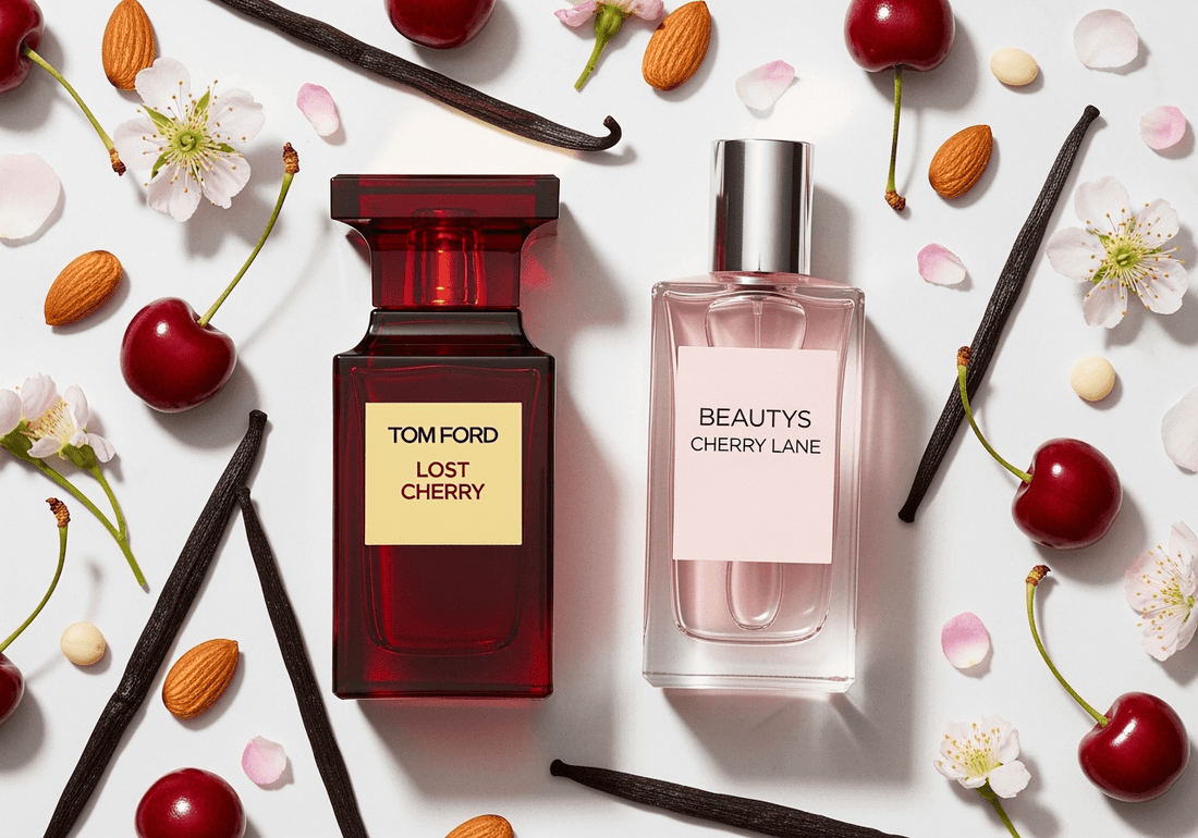 Tom Ford Lost Cherry and Beauty's Cherry Lane perfumes surrounded by cherries, flowers, and vanilla pods.