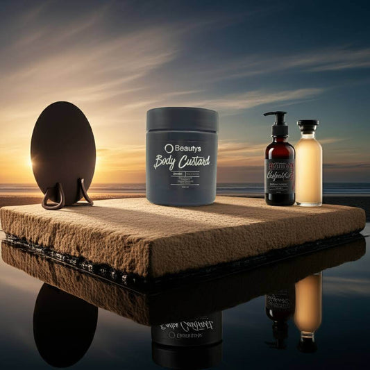 Beautys Body Custard on display by the ocean, showcasing luxurious skincare products, Australian made and perfect for hydration.