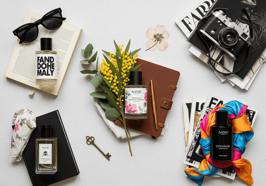 Flat lay of various perfumes, sunglasses, a camera, and magazines, showcasing elegant scents and style.